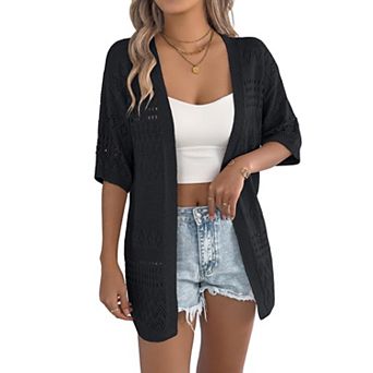 Women's Skeleton Plaid Short Sleeve Cardigan Top Knitted Light Sweater Beach Cover up