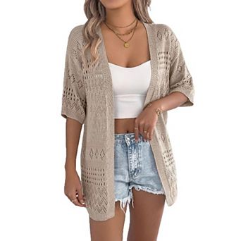 Women's Skeleton Plaid Short Sleeve Cardigan Top Knitted Light Sweater Beach Cover up
