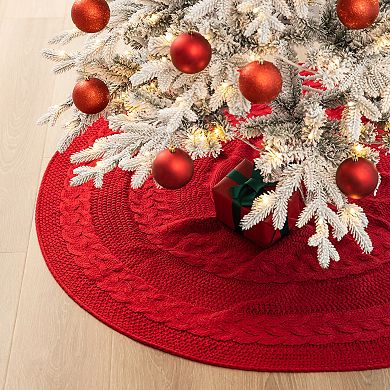 Glitzhome 48"D Christmas Tree Skirt,Round Fabric Dachshund Pattern Plaid Edge Tree Skirt