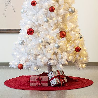 Glitzhome 48"D Christmas Tree Skirt,Round Fabric Dachshund Pattern Plaid Edge Tree Skirt