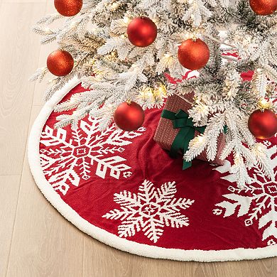 Glitzhome 48"D Knitted Red Christmas Tree Skirt with Snowflake Pattern for Xmas Winter Holiday