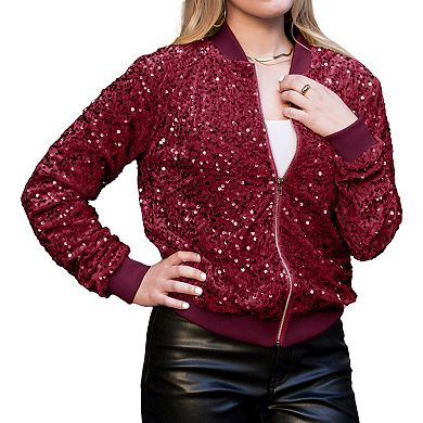 Sparkly Sequin Jacket Glitter Long Sleeves Zip Up Bomber Velvet Jacket