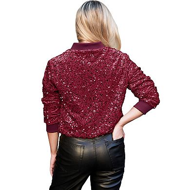 Sparkly Sequin Jacket Glitter Long Sleeves Zip Up Bomber Velvet Jacket