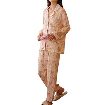 Women's Long Sleeve Button Front Pajama Set with Notched Collar and Floral Satin Finish
