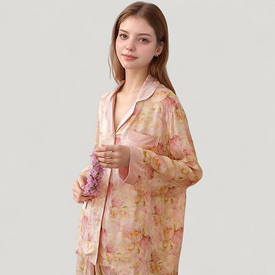 Women's Long Sleeve Button Front Pajama Set with Notched Collar and Floral Satin Finish