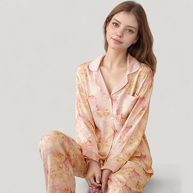 Women's Long Sleeve Button Front Pajama Set with Notched Collar and Floral Satin Finish