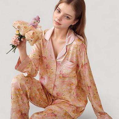 Women's Long Sleeve Button Front Pajama Set with Notched Collar and Floral Satin Finish