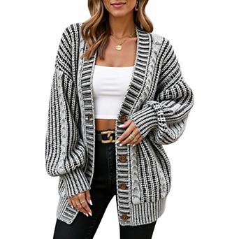 Women's Striped Knit Cardigan with Button Front and Drop Shoulder Design