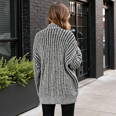 Women's Striped Knit Cardigan with Button Front and Drop Shoulder Design