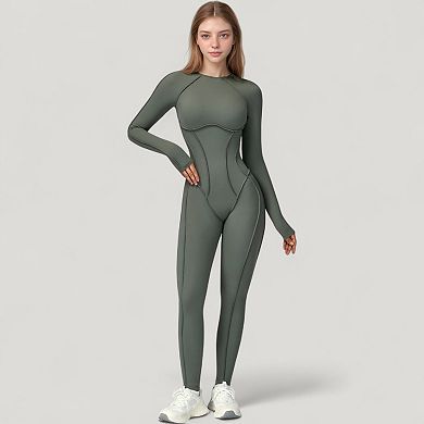 Women's Long Sleeve Fitted One-Piece Activewear Jumpsuit with Open Back Design