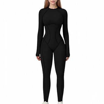 Women's Long Sleeve Fitted One-Piece Activewear Jumpsuit with Open Back Design