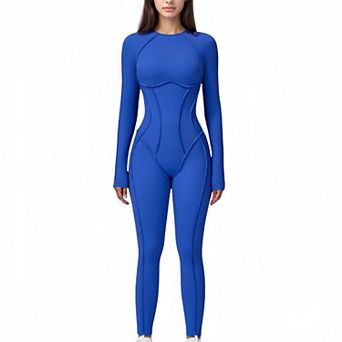 Women's Long Sleeve Fitted One-Piece Activewear Jumpsuit with Open Back Design