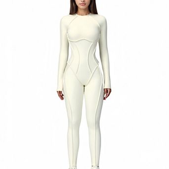 Women's Long Sleeve Fitted One-Piece Activewear Jumpsuit with Open Back Design