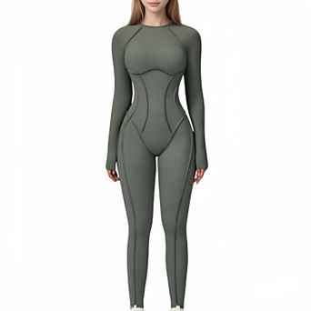 Women's Long Sleeve Fitted One-Piece Activewear Jumpsuit with Open Back Design