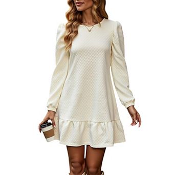 Women's Long Sleeve Quilted Dress with Puff Shoulder Detail and Ruffled Hem