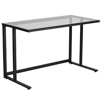 Flash Furniture Glass Top Desk with Pedestal Metal Frame - Home Office Furniture