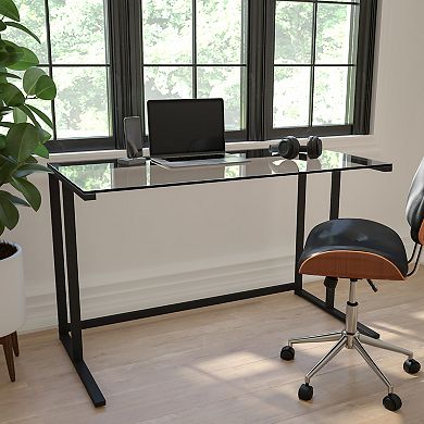 Flash Furniture Glass Top Desk with Pedestal Metal Frame - Home Office Furniture