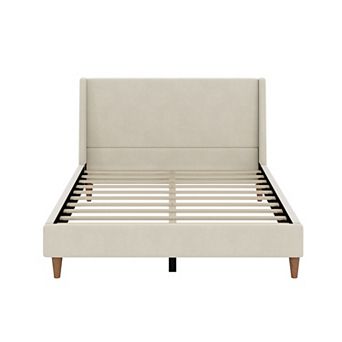 Merax Modern Cream Velvet Upholstered Platform Bed with Wingback Headboard and Walnut Wooden Legs