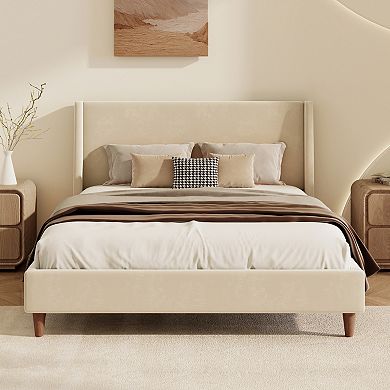 Merax Modern Cream Velvet Upholstered Platform Bed with Wingback Headboard and Walnut Wooden Legs