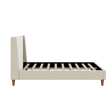Merax Modern Cream Velvet Upholstered Platform Bed with Wingback Headboard and Walnut Wooden Legs