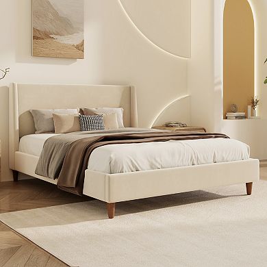 Merax Modern Cream Velvet Upholstered Platform Bed with Wingback Headboard and Walnut Wooden Legs