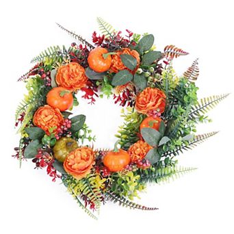 17.7 in Autumn Wreath with Pumpkins, Leaves, Berries & Flowers for Front Door, Wall & Window