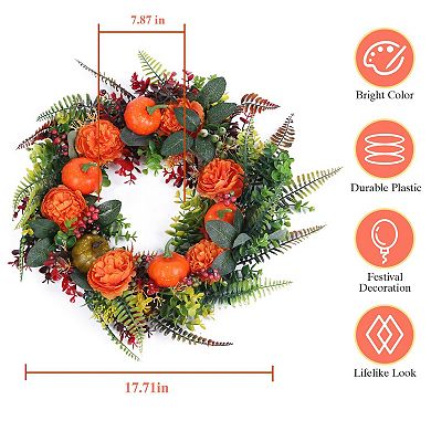 17.7in Autumn Wreath with Pumpkins, Leaves, Berries & Flowers for Front Door, Wall & Window