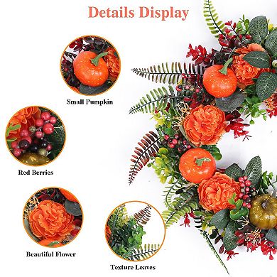 17.7in Autumn Wreath with Pumpkins, Leaves, Berries & Flowers for Front Door, Wall & Window