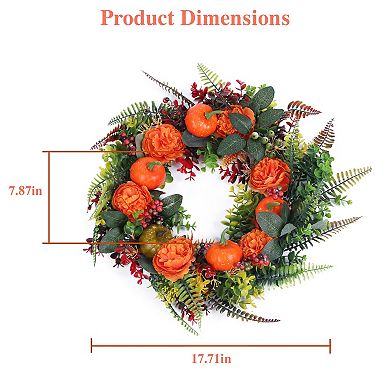17.7in Autumn Wreath with Pumpkins, Leaves, Berries & Flowers for Front Door, Wall & Window