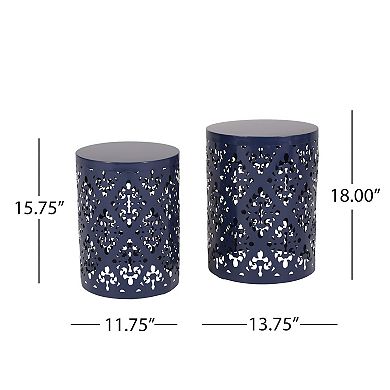 Kemo Outdoor End Table Set of 2, Round Top, Cutout Design, Iron