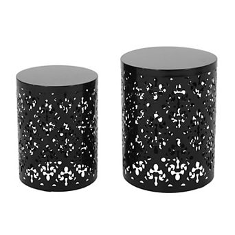 Kemo Outdoor End Table Set of 2, Round Top, Cutout Design, Iron
