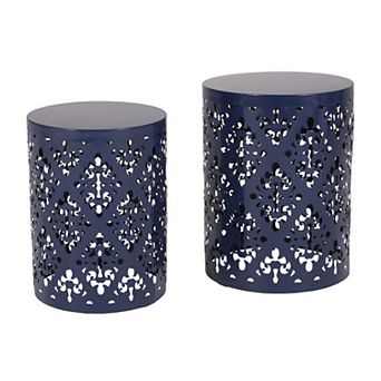 Kemo Outdoor End Table Set of 2, Round Top, Cutout Design, Iron