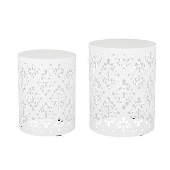 Kemo Outdoor End Table Set of 2, Round Top, Cutout Design, Iron