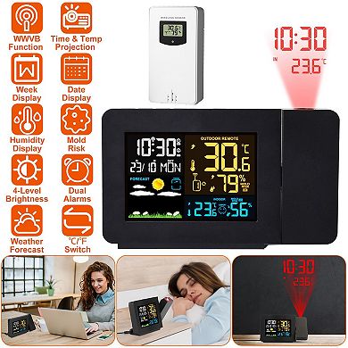 Atomic Projection Alarm Clock Radio Control Clock with Weather Station & Outdoor Sensor