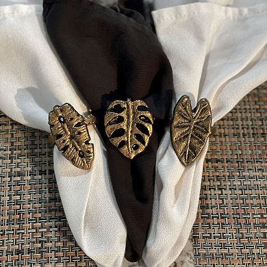 Set Of 6 Antique Gold Cast Iron Tropical Leaf Napkin Rings Dining Decor