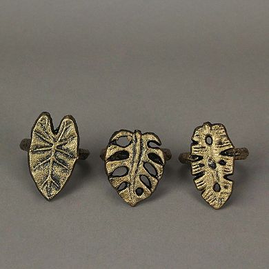 Set Of 6 Antique Gold Cast Iron Tropical Leaf Napkin Rings Dining Decor