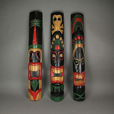 Set Of 3 Hand Carved 39 Inch Tall Island Style Polynesian Tiki Masks