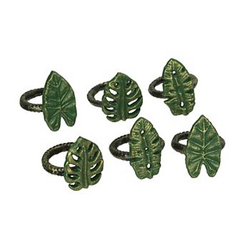 Set Of 6 Green Bronze Cast Iron Tropical Leaf Napkin Rings Dining Decor