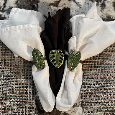 Set Of 6 Green Bronze Cast Iron Tropical Leaf Napkin Rings Dining Decor