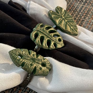 Set Of 6 Green Bronze Cast Iron Tropical Leaf Napkin Rings Dining Decor