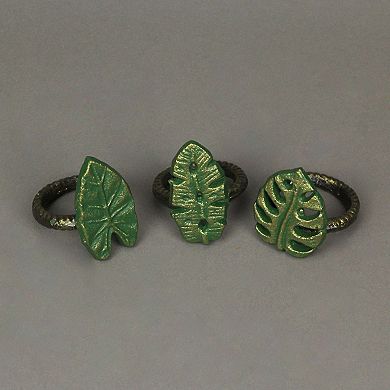 Set Of 6 Green Bronze Cast Iron Tropical Leaf Napkin Rings Dining Decor
