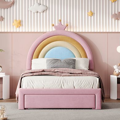 Merax Upholstered Rainbow Design Bed, Velvet Princess Platform Bed with Storage Drawer