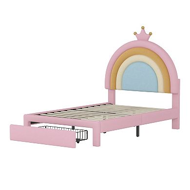 Merax Upholstered Rainbow Design Bed, Velvet Princess Platform Bed with Storage Drawer