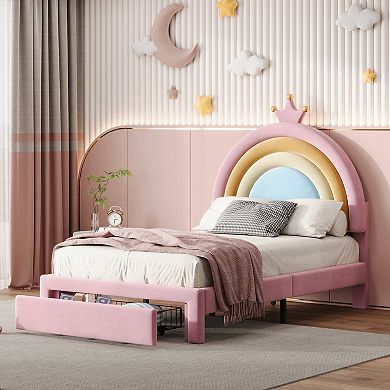 Merax Upholstered Rainbow Design Bed, Velvet Princess Platform Bed with Storage Drawer