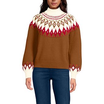 Women's Lands' End Fuzzy Turtleneck Lantern Sleeve Jacquard Sweater