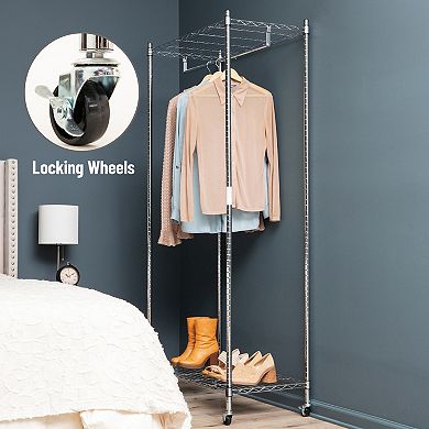 Mind Reader Heavy Duty Rolling Garment Rack with Adjustable Bar & Double Shelves