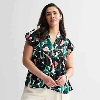 Plus Size Nine West Satin V-Neck Flutter Sleeve Blouse