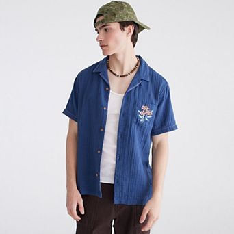 Men's Aeropostale Embroidered Gauze Short Sleeve Button-Down Shirt