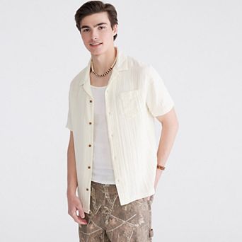 Men's Aeropostale Embroidered Gauze Short Sleeve Button-Down Shirt