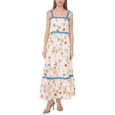 Women's MSK Tiered Linen Dress with Ric Rac Trim, Size: Large, Ivory Coastal